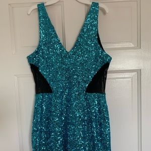 Blue sequin dress with black mesh side
